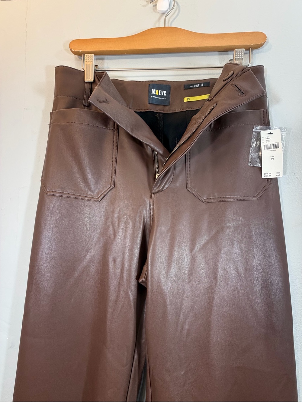 Anthro Maeve Colette Faux Leather Wide Leg Cropped Pant Size 29 Chocolate New - Picture 6 of 13